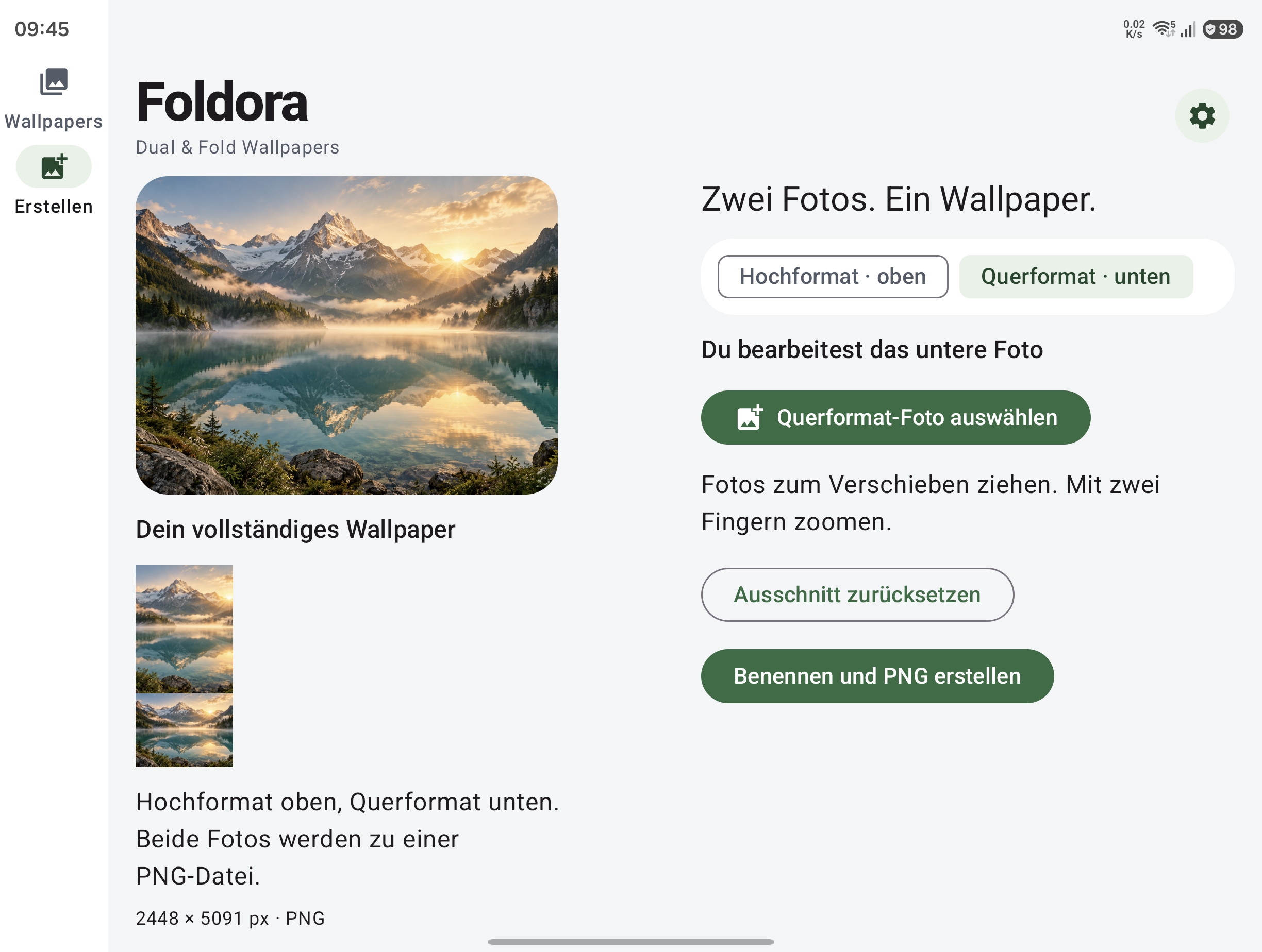 Foldora-Editor mit Querformatfoto eines Bergsees auf dem aufgeklappten Display