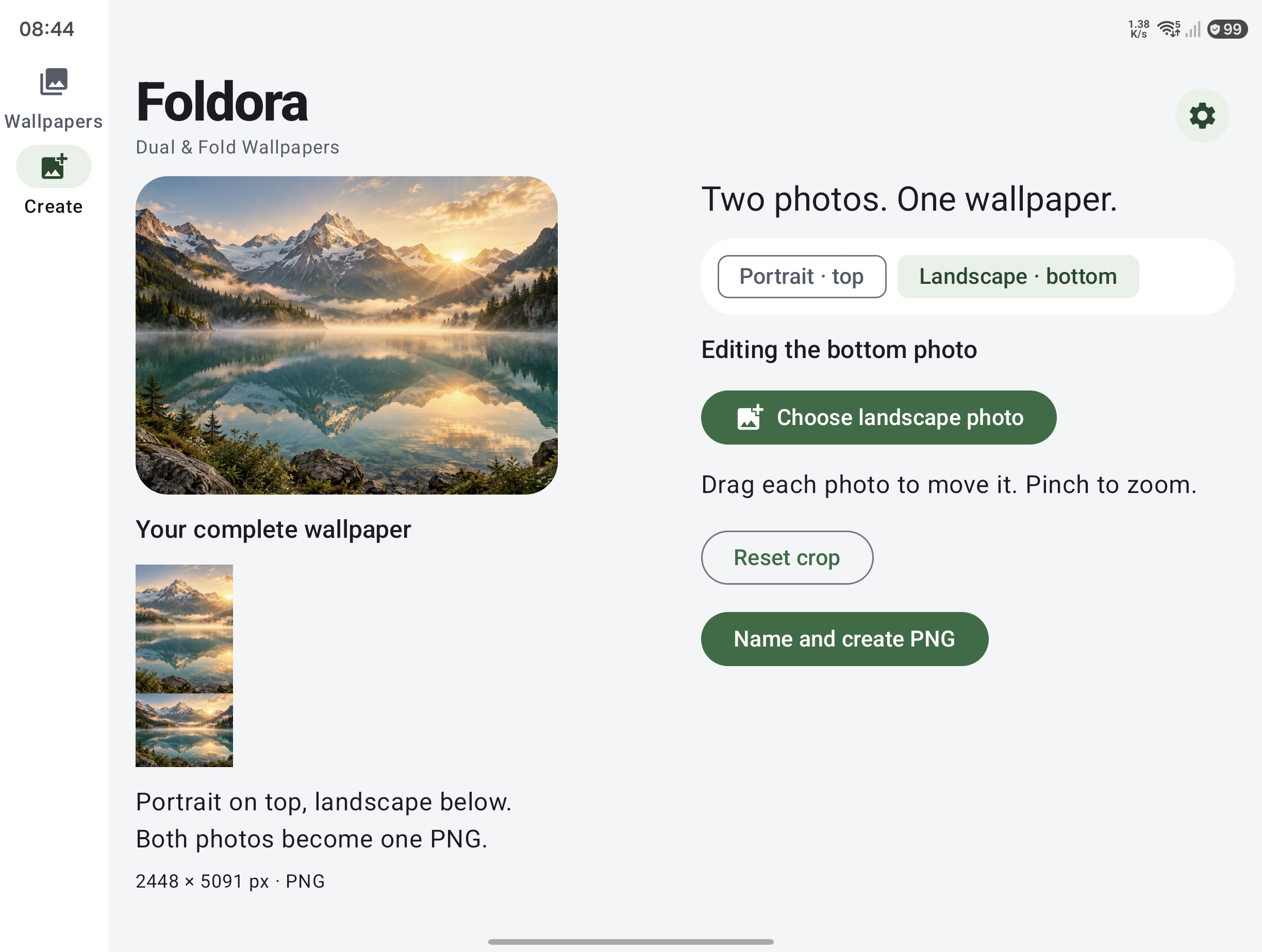 Foldora landscape editor showing an alpine lake on the unfolded screen